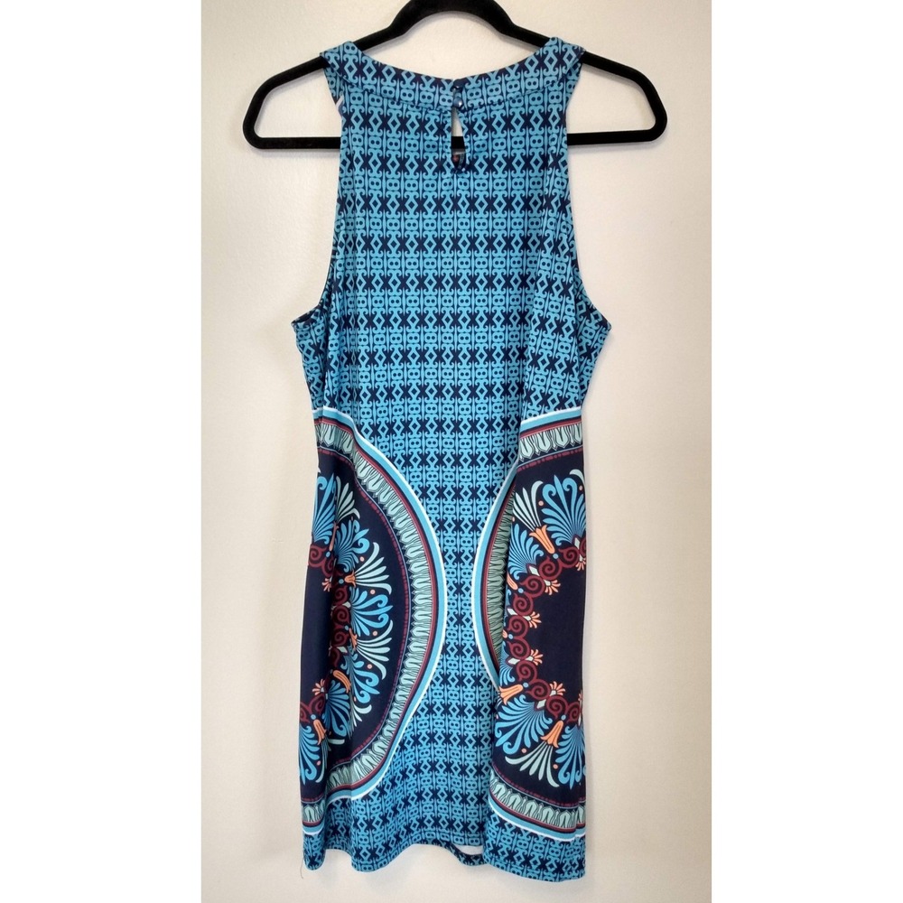 Artsy Mod ARYEH Geometric Medallion Halter Shift Mini Dress L Boho Easy Wear - Picture 2 of 8